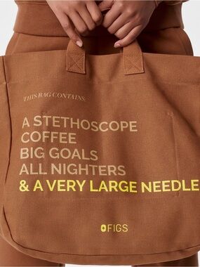 Figs Brown Canvas Tote with Yellow Printed Slogan NWT